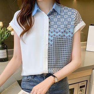 Short-sleeve Color Block Print Blouse