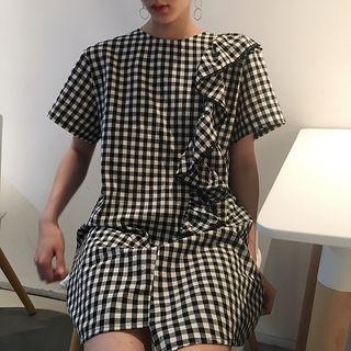 Check Ruffle Short-sleeve Dress