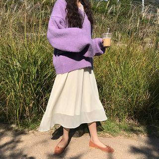Oversized V-neck Plain Knit Sweater