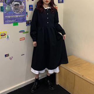 Long-sleeve Midi Shift Dress Dress - Black - One Size