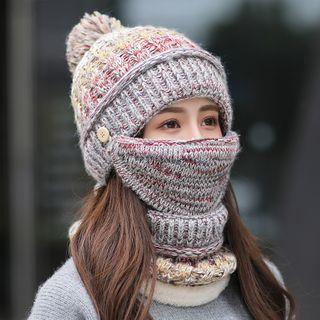 Pom Pom Knit Beanie With Scarf