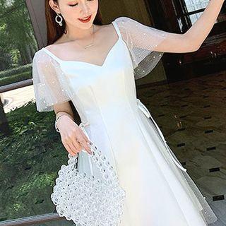 Spaghetti Strap Mesh Sleeve V-neck Dress