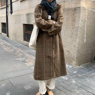 Plaid Single-breasted Coat Brown - One Size