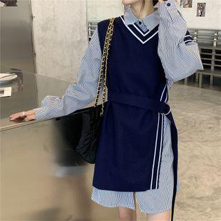 Set: V-neck Vest + Long-sleeve Shirt Blue - One Size