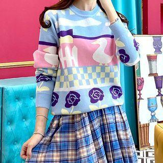 Cartoon Print Color Block Sweater