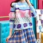 Cartoon Print Color Block Sweater