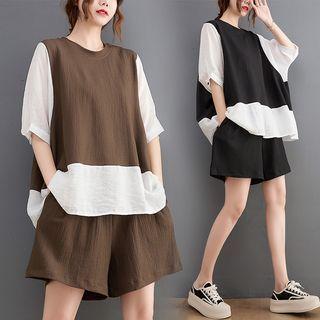 Set: Elbow-sleeve Two-tone T-shirt + Wide Leg Shorts