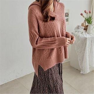 Hooded Open-placket Cable-knit Top