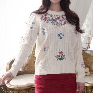 Flower Embroidered Cable Knit Sweater