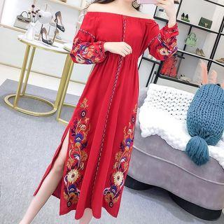 Off-shoulder Long-sleeve Embroidered Midi A-line Dress