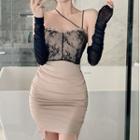 Mock Two-piece Strappy Lace Panel Mini Bodycon Dress Light Khaki & Black - One Size