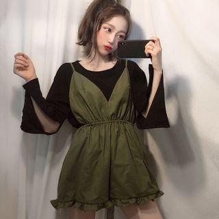 Slit-sleeve T-shirt / Spaghetti-strap Playsuit