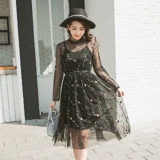 Set: Long-sleeve Dress + Slipdress