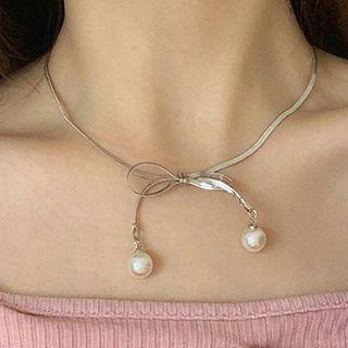 Faux Pearl Bow Necklace Silver - One Size