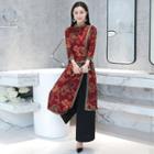 Set: Elbow-sleeve Embroidered Long Slit-side Top + Wide-leg Pants