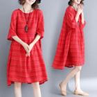Elbow-sleeve Striped A-line Dress Red - One Size