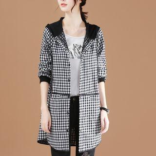 Lettering Embroidered Gingham Buttoned Hooded Coat