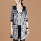 Lettering Embroidered Gingham Buttoned Hooded Coat