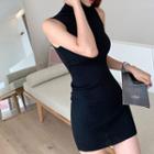 Sleeveless Turtleneck Mini Sheath Dress Black - One Size
