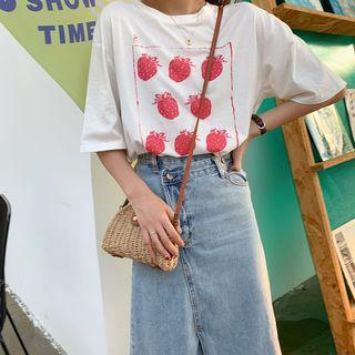 Short-sleeve Plain Crew-neck Loose-fit Print T-shirt White - One Size