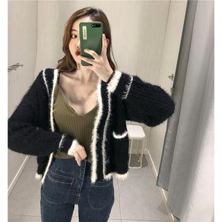 Contrasted Furry Knit Cardigan