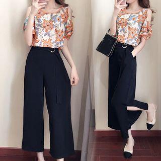 Set: Floral Elbow-sleeve Top + Crop Wide Leg Pants