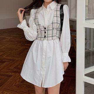 Set: Long-sleeve Mini A-line Shirtdress + Jacquard Vest