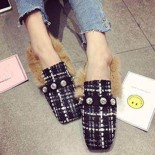 Plaid Faux-fur Square-toe Flats