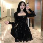 Square Neck Long-sleeve A-line Chiffon Dress Black - One Size