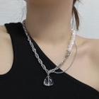 Faux Crystal Pendant Beaded Chain Necklace Silver - One Size