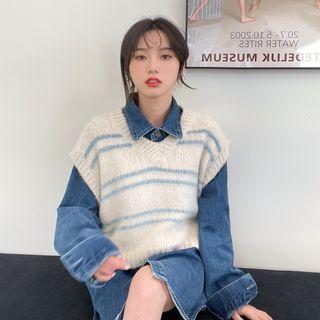 Set: Denim Shirt + Striped Sleeveless Knit Top