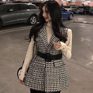 Notch Lapel Open-front Patterned Vest Black - One Size