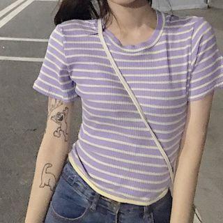 Short-sleeve Striped T-shirt Stripes - Light Purple - One Size