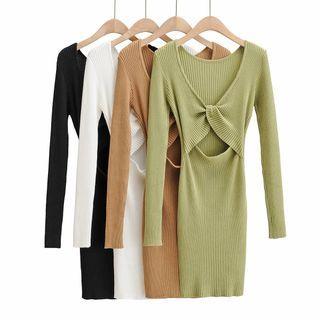 Long-sleeve V-neck Knotted Cutout Knit Mini Bodycon Dress