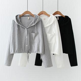 Drawstring-cuff Button-up Hoodie