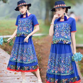Set: Floral Short-sleeve T-shirt + Midi A-line Skirt