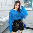 Fringed Trim Crochet-knit Long-sleeve Top / High-waist Wide-leg Shorts