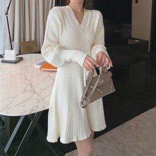 Lantern-sleeve V-neck Mini A-line Sweater Dress