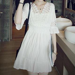 Elbow-sleeve Paneled A-line Dress