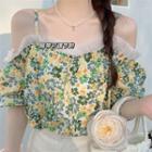 Short-sleeve Cold Shoulder Floral Frill Trim Top