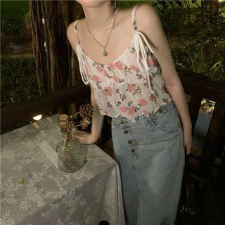 Spaghetti Strap Floral Print Top Pink Floral - White - One Size