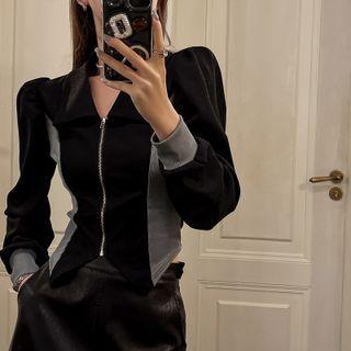 Collared Two-tone Zip-up Cropped Jacket