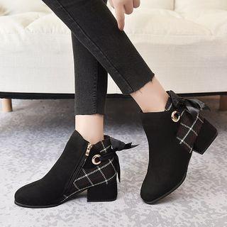 Plaid Panel Bow Block Heel Short Boots
