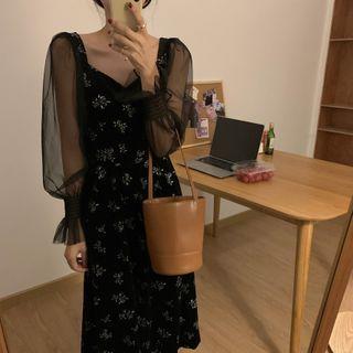 Lantern-sleeve Sheer Panel Floral Dress Black - One Size