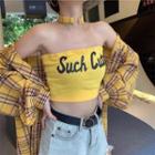 Set: Lettering Strapless Top + Plaid Shirt + Choker
