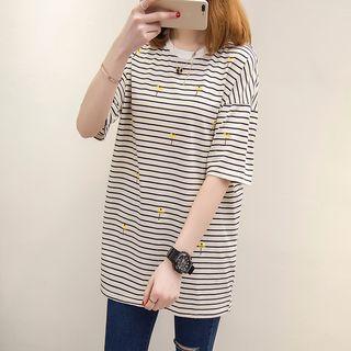 Embroidered Striped Elbow Sleeve T-shirt
