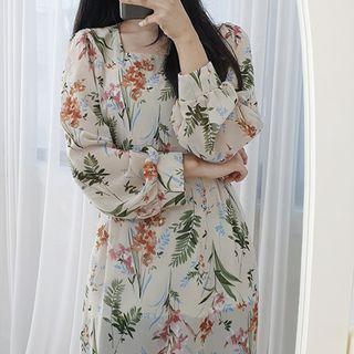 Petite Size Square-neck Tie-waist Floral Midi Chiffon Dress