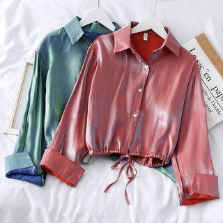 Drawstring-hem Cropped Satin Shirt