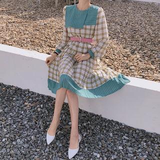 Sailor-collar Check Dress With Belt