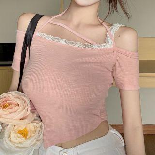 Short-sleeve Lace Trim Cold-shoulder T-shirt